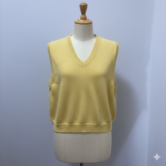 Lands' End Sweaters - Lands End 100% Cotton Sz Ladies Large Knitted Yellow Vest Preppy Teacher Vintage